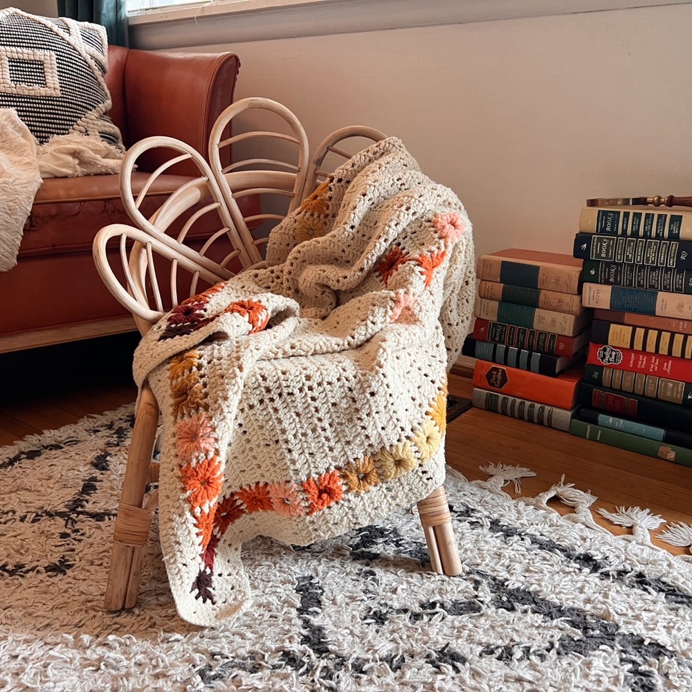 Vintage boho crocheted kids throw blanket